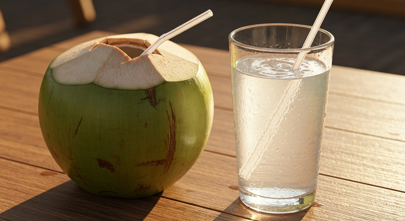 Um coco com um canudo dentro ao lado de um copo cheio de água de coco