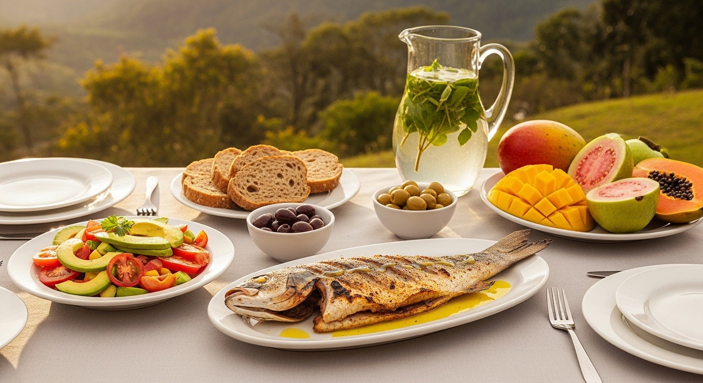 Mesa colombiana al aire libre con platos estilo mediterráneo elaborados con ingredientes locales: robalo a la plancha con aceite de oliva, ensalada de aguacate y tomate, pan integral, aceitunas, frutas tropicales (mango, guayaba, papaya) y una jarra de agua con hierbas. Fondo con vegetación andina y luz dorada de mañana. Fotografía realista horizontal (1920×800), estilo editorial limpio, tonos cálidos, sensación de bienestar y frescura.