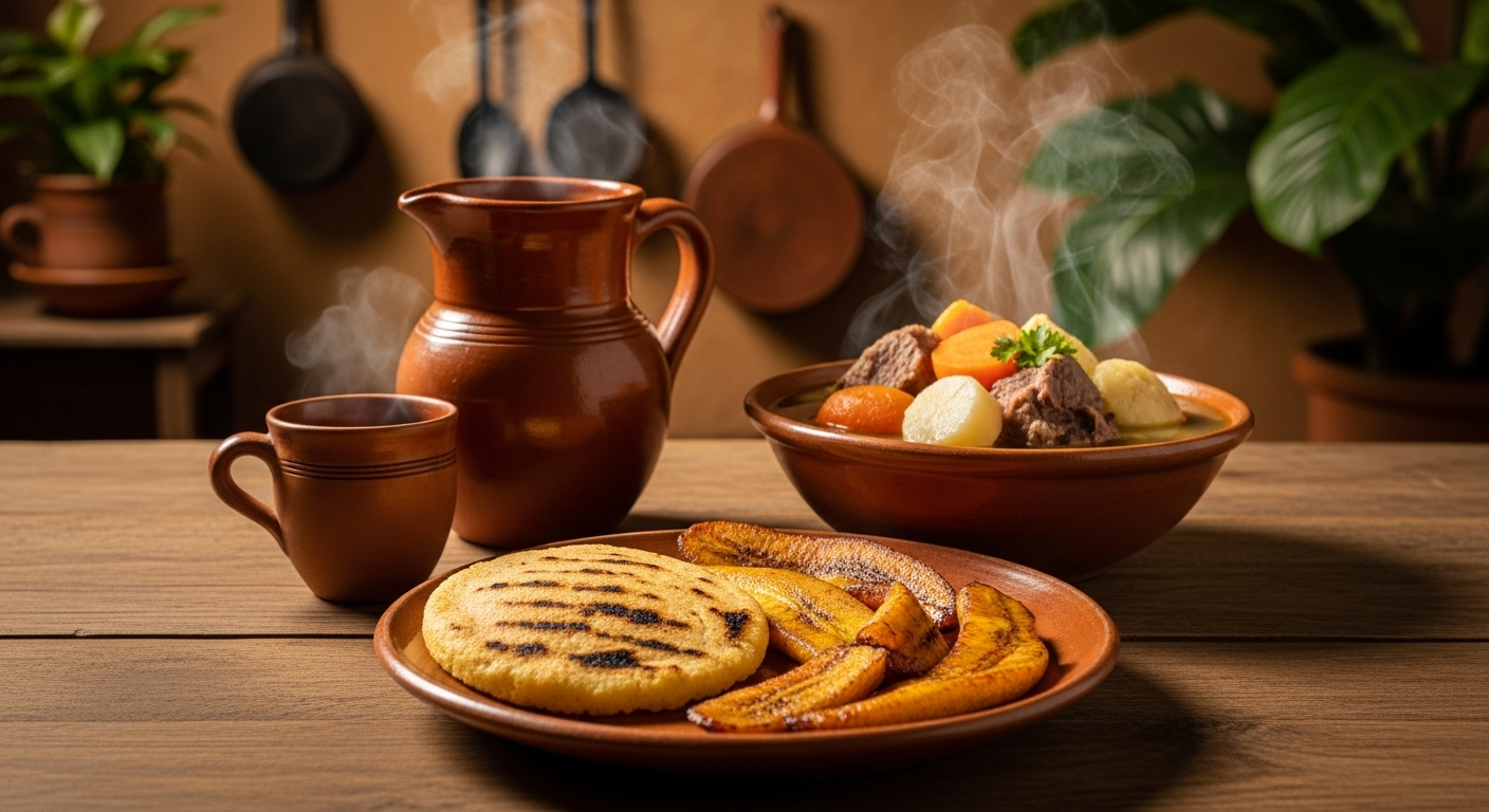 Mesa colombiana con arepa dorada, tajadas de plátano maduro, sancocho humeante y café servido en jarra de barro. Fondo cálido con utensilios rústicos, vegetación tropical suave al fondo y luz natural de la mañana. Fotografía realista horizontal (1920×800), estilo editorial gastronómico, tonos dorados y acogedores que evoquen hogar y tradición.
