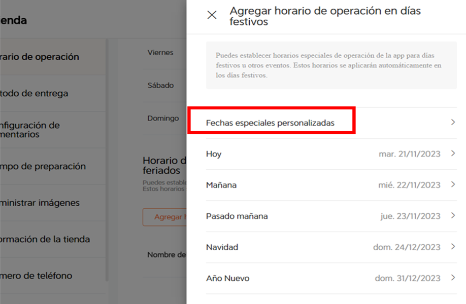 Ajustar horario festivo paso 2