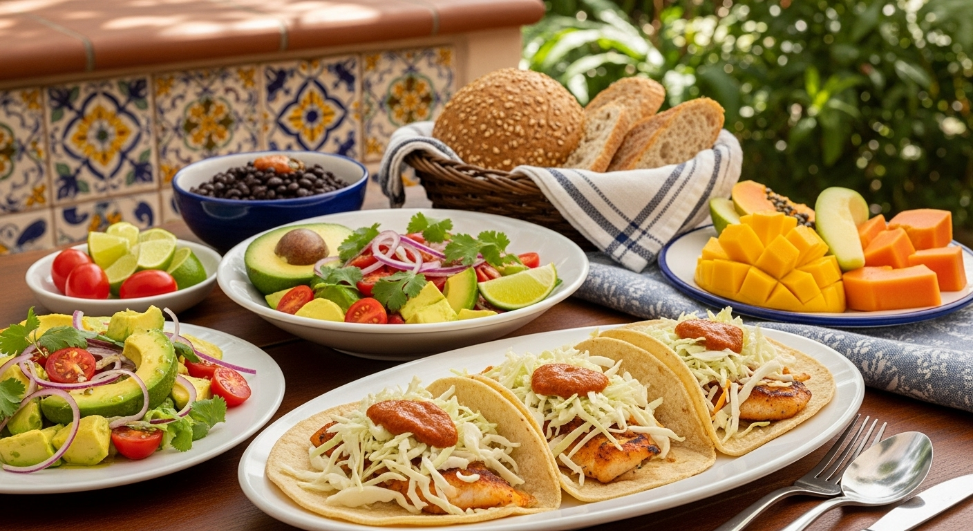 Mesa mexicana al aire libre con platos estilo mediterráneo elaborados con ingredientes locales: tacos de pescado, ensalada de aguacate con jitomate y aceite de oliva, frijoles negros, pan integral artesanal y frutas tropicales (mango, papaya). Fondo con azulejos mexicanos y vegetación soleada. Fotografía realista horizontal (1920×800), luz cálida natural, estética fresca y saludable.
